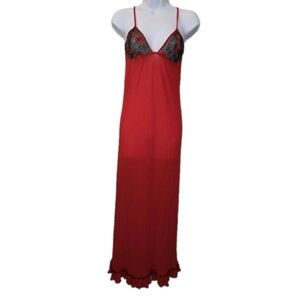 Vintage Red Maxi Nightgown Slip Chemise Rose Embroidered Mesh Cups Ruffle Hem